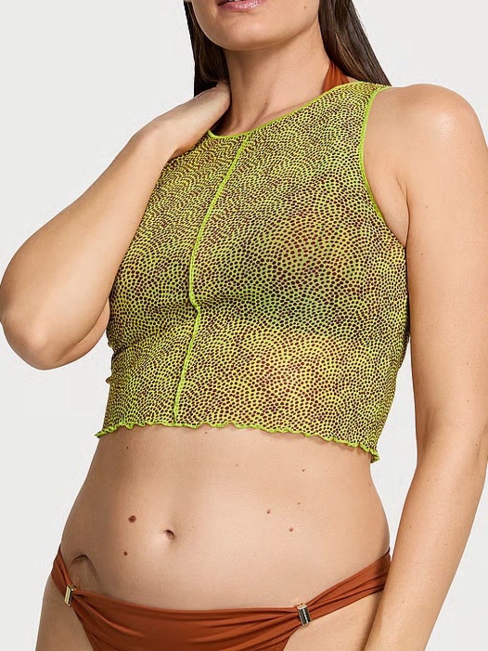 Victoria's Secret Swim Limelight Dot Light Green with Brown Polkadot Mesh Tank - Picture 2 of 7